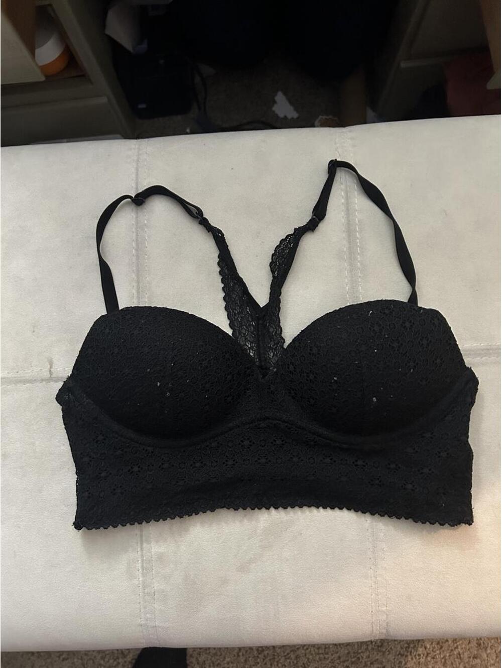Victoria's Secret black razor back lace bra with scalloped edges, size 34A